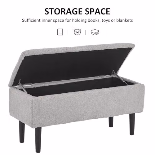 HOMCOM Modern Grey Upholstered Storage Ottoman with Rubberwood Legs, W/D/H: 95 x 38 x 45 cm – 3