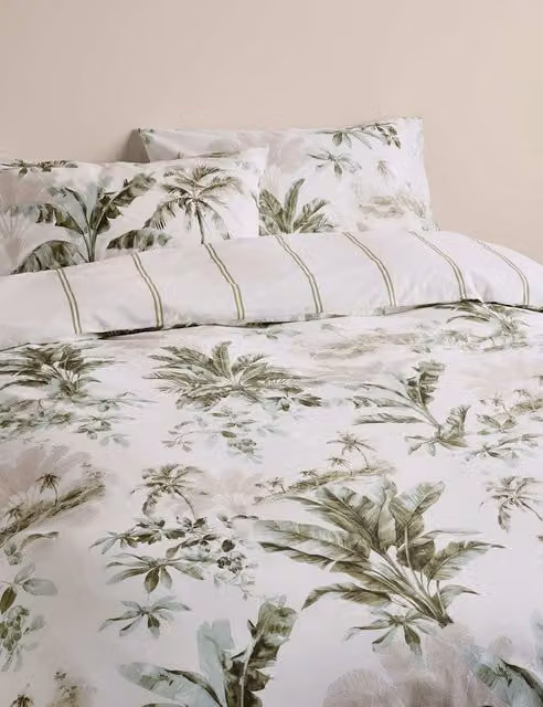 M&S Pure Cotton Botanical Reversible Floral Bedding Set in Green and White, W/D/H: 90 x 190 cm