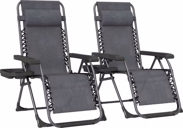 Outsunny Set of 2 Zero Gravity Reclining Garden Sunloungers in Dark Grey with Adjustable Headrest and Cup Holders