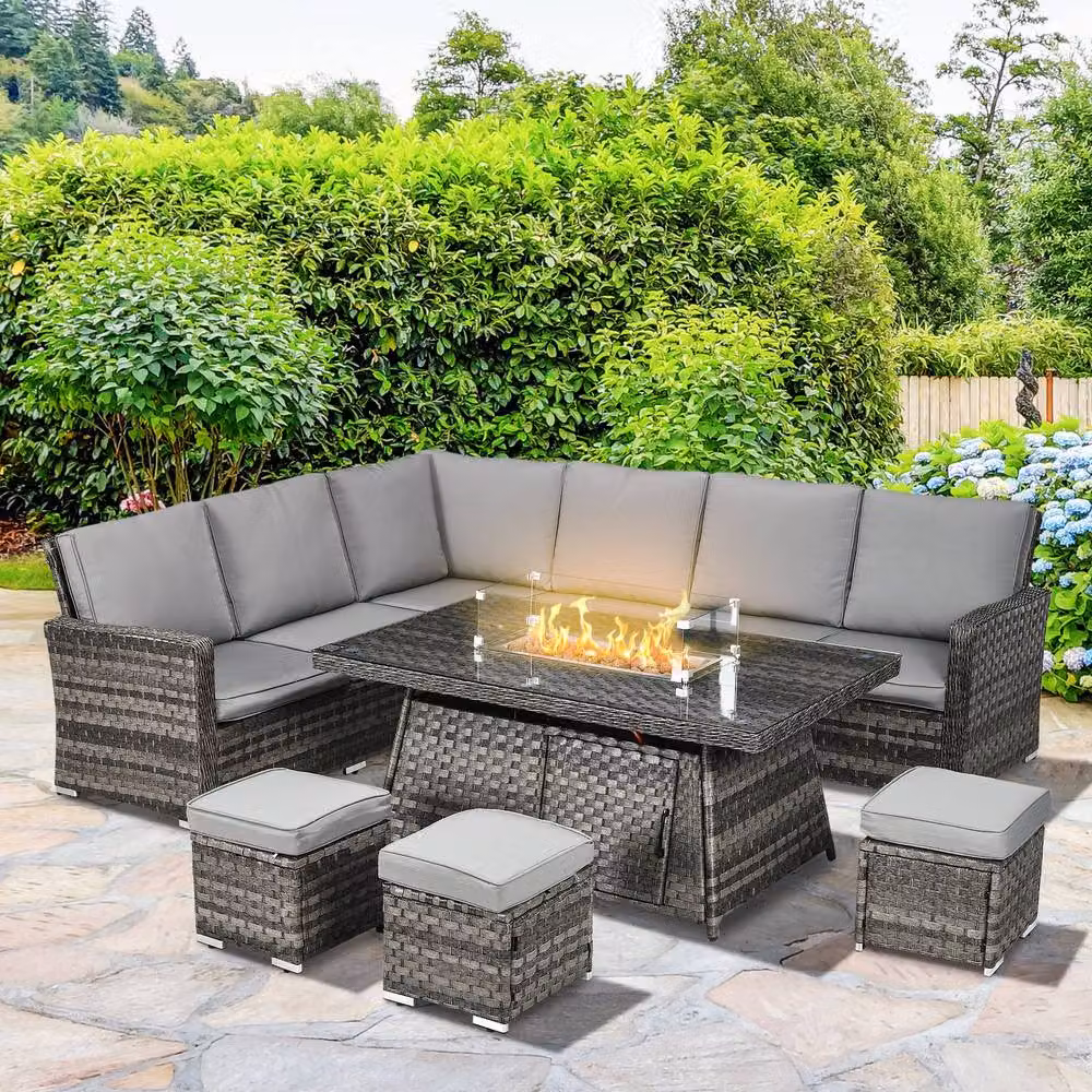 Matteo Seven-Piece Grey Rattan Firepit Table Garden Sofa Set – 2