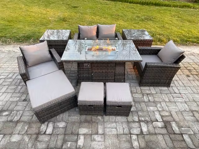 Fimous 7 Seater Rattan Outdoor Garden Dining Set with Gas Firepit Table, 3 Footstools and 2 Side Tables in Dark Grey