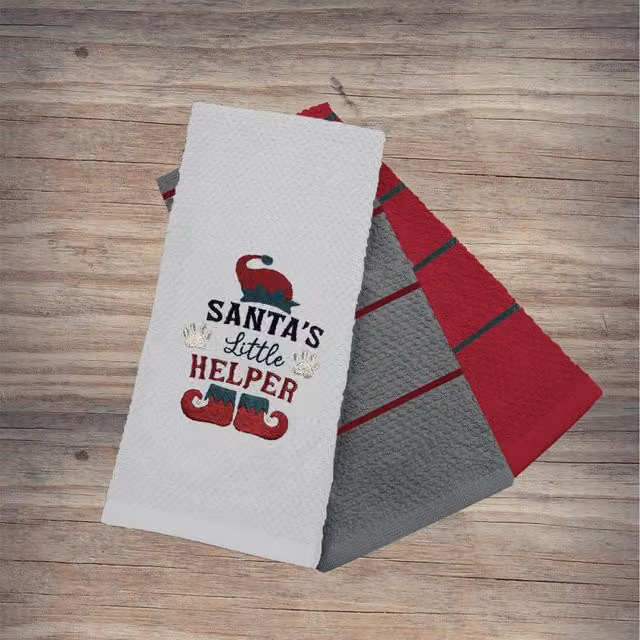 Noel Square Pack of 3 Highly Absorbent Cotton Tea Towels in White and Multicolour