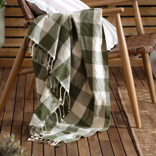 Make It A Home Chesil Check Tasselled Cotton Throw in Green