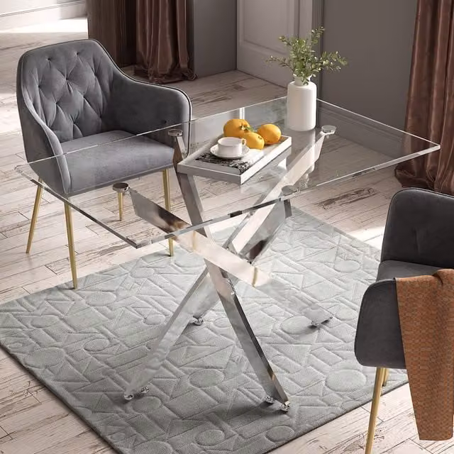 Livingandhome Modern Rectangular Dining Table with Transparent Tempered Glass and Silver X-Frame Chrome Legs