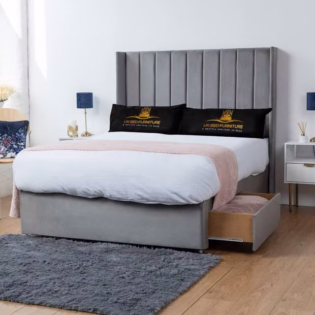 UK Bed Furniture Bella Wingback Divan Bed with 2 Drawers and 54 Inch Headboard, Grey, W/D/H: 200 x 167.66 x 137.16 cm