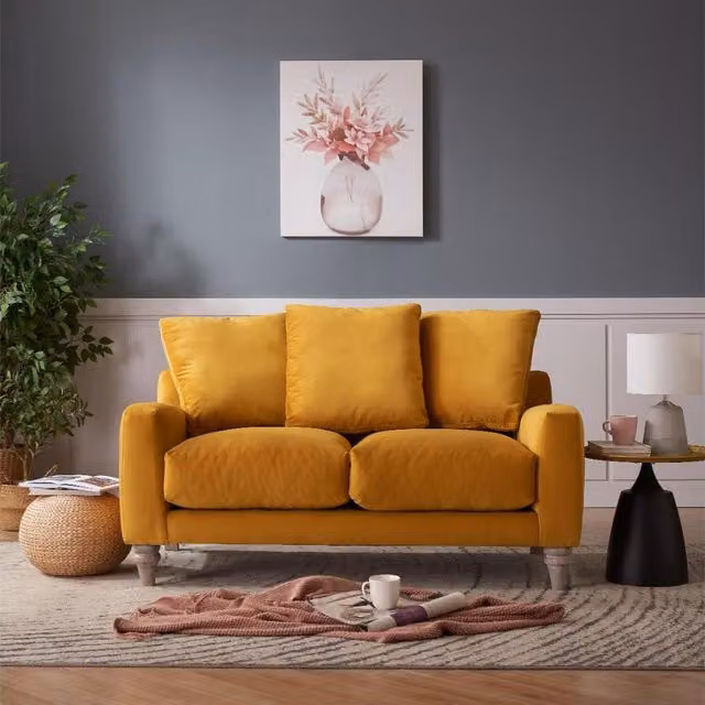 GRS Grove 2 Seater Sofa in Mustard Yellow Velvet with Feather Filled Scatter Cushions