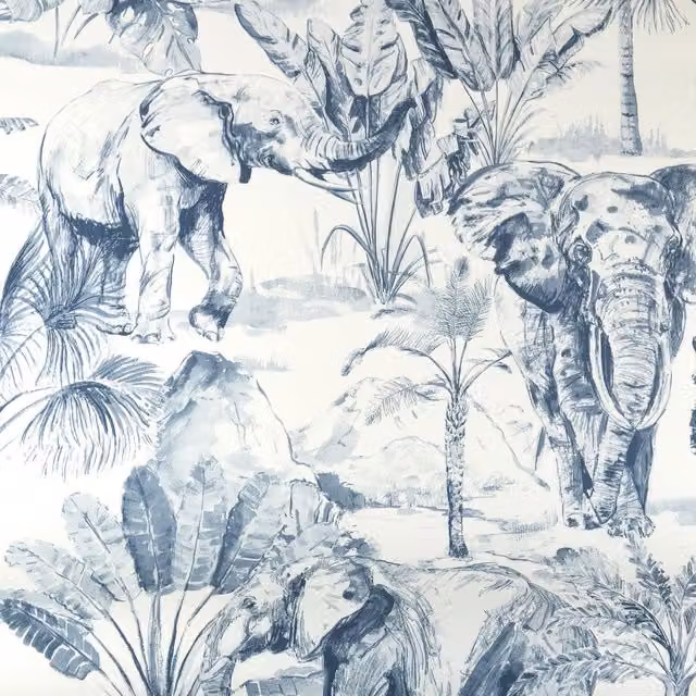 Grandeco Elephant Safari Jungle Animal Print Wallpaper in Blue and White