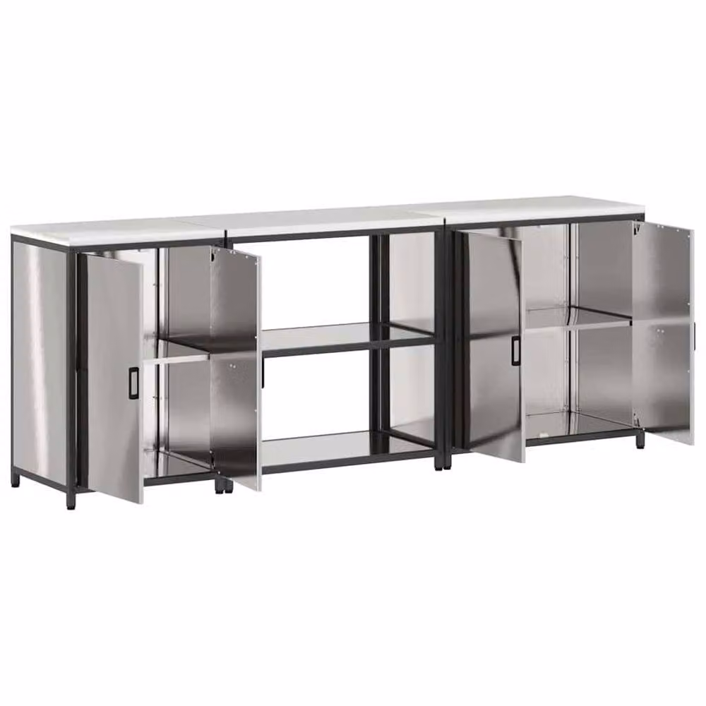 Berkfield Home 3-Piece Industrial Kitchen Storage Set in Silver Stainless Steel with Hinged Doors and Open Shelving – 3