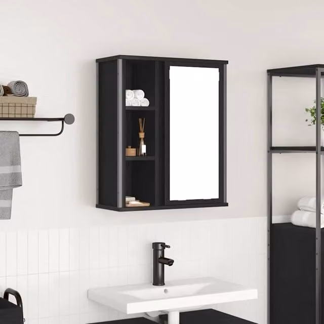 Berkfield Home Black Oak Bathroom Wall Cabinet with Mirror and Internal Shelves W/D/H: 50 x 21 x 60 cm