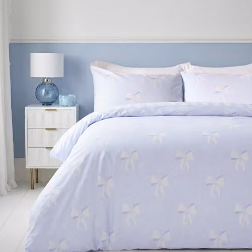 OHS Reversible Bows Stripe Duvet Cover and Pillowcase Set in Blue and White, W/D/H: 135 x 200 cm and 50 x 75 cm