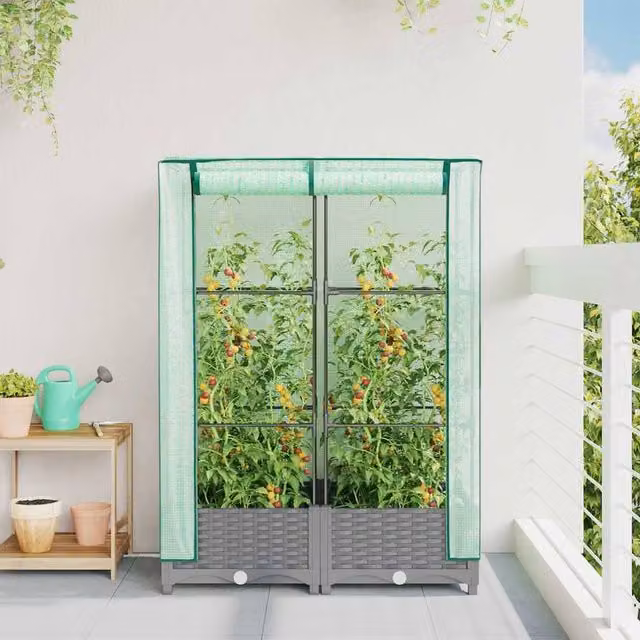 Berkfield Home Raised Bed with Greenhouse Cover in Light Grey, W/D/H: 80 x 40 x 123 cm