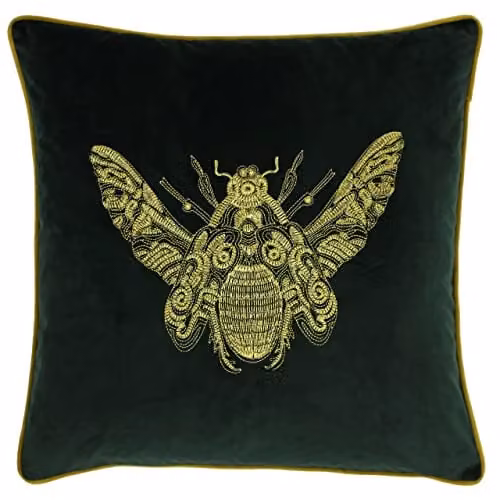 Paoletti Cerana Embroidered Bee Velvet Cushion in Emerald Green and Gold, W/D/H: 50 x 50 x 50 cm