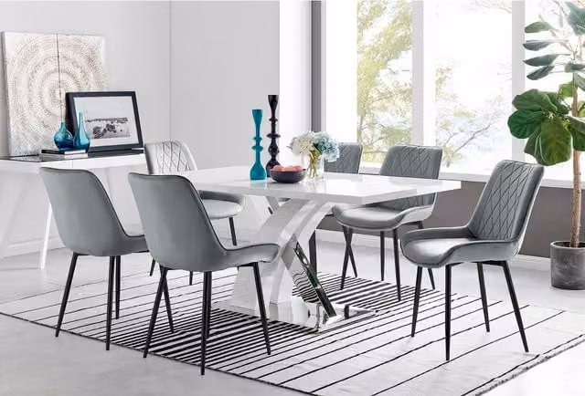 FurnitureboxUK Atlanta 6 White Dining Table and 6 Pesaro Black Leg Chairs in Grey