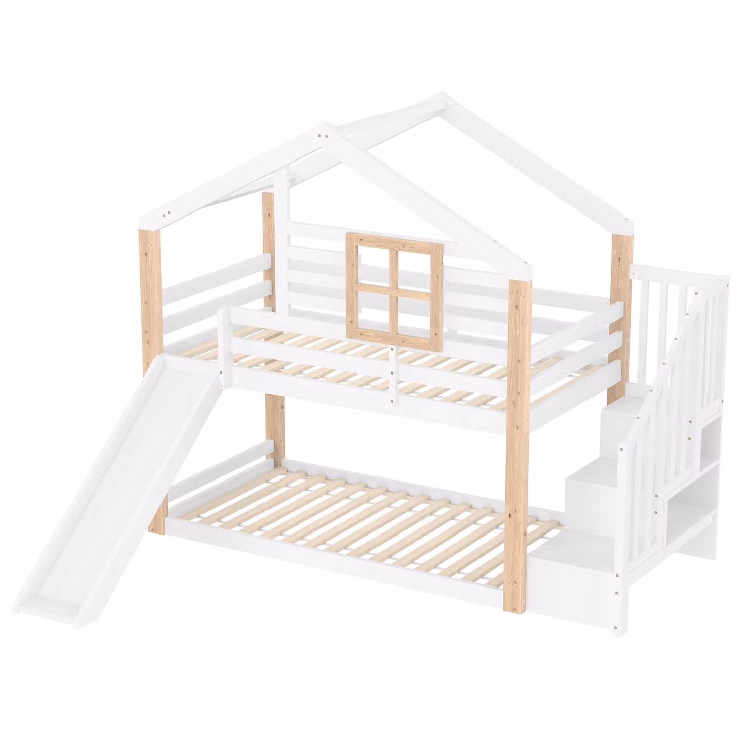 Aosom UK Modern Minimalist Kids Bunk Bed with Slide, Storage Stairs and House Frame, White, W/D/H: 90 x 194 x 206 cm – 2