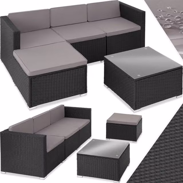 Tectake Lignano Modern Black Polyrattan Garden Furniture Set with Upholstered Cushions, 3-Seater Sofa, Corner Element and Glass Coffee Table