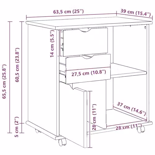 vidaXL Rolling Cabinet in Brown Solid Pine Wood, W: 63.5 cm, D: 39 cm, H: 65.5 cm – 3