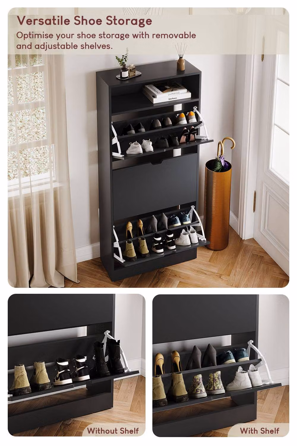 HD Designs Modern Black Matt Freestanding Shoe Cabinet with Tilting Compartments and Open Shelving – 3