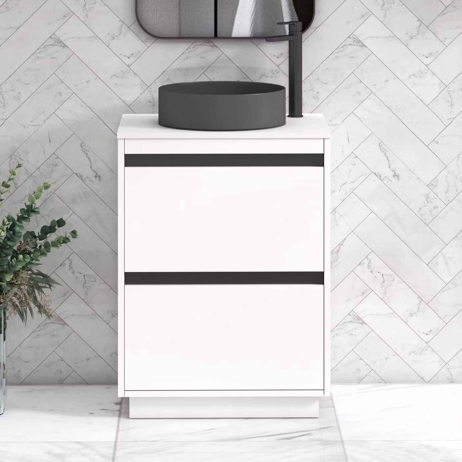 Royal Bathrooms Orion 600mm Matt White Floor Standing 2 Drawer Vanity Unit with Art Round Basin and Black Accent Trim