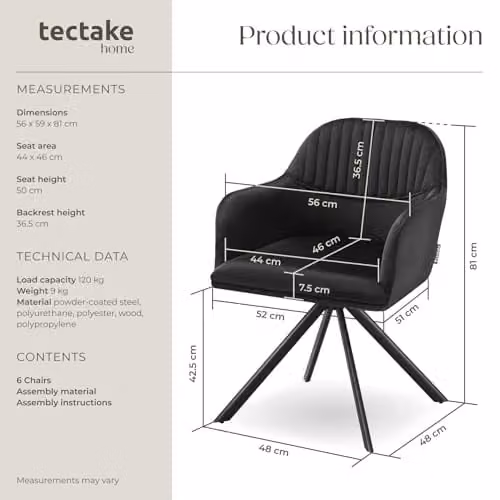 tectake Set of 6 Lona Armchairs in Black – 3