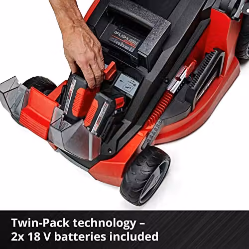 Einhell Power X-Change 36V Cordless Lawnmower with 2x Rechargeable Batteries and 2x Quick Chargers in Red and Black – 9