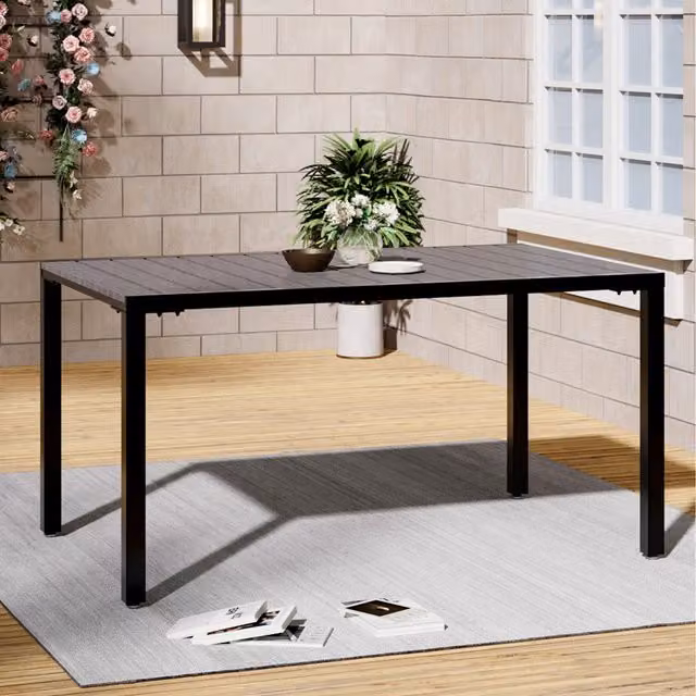 Livingandhome Modern Rectangular Wood Effect Garden Dining Table with Parasol Hole and Cover in Grey