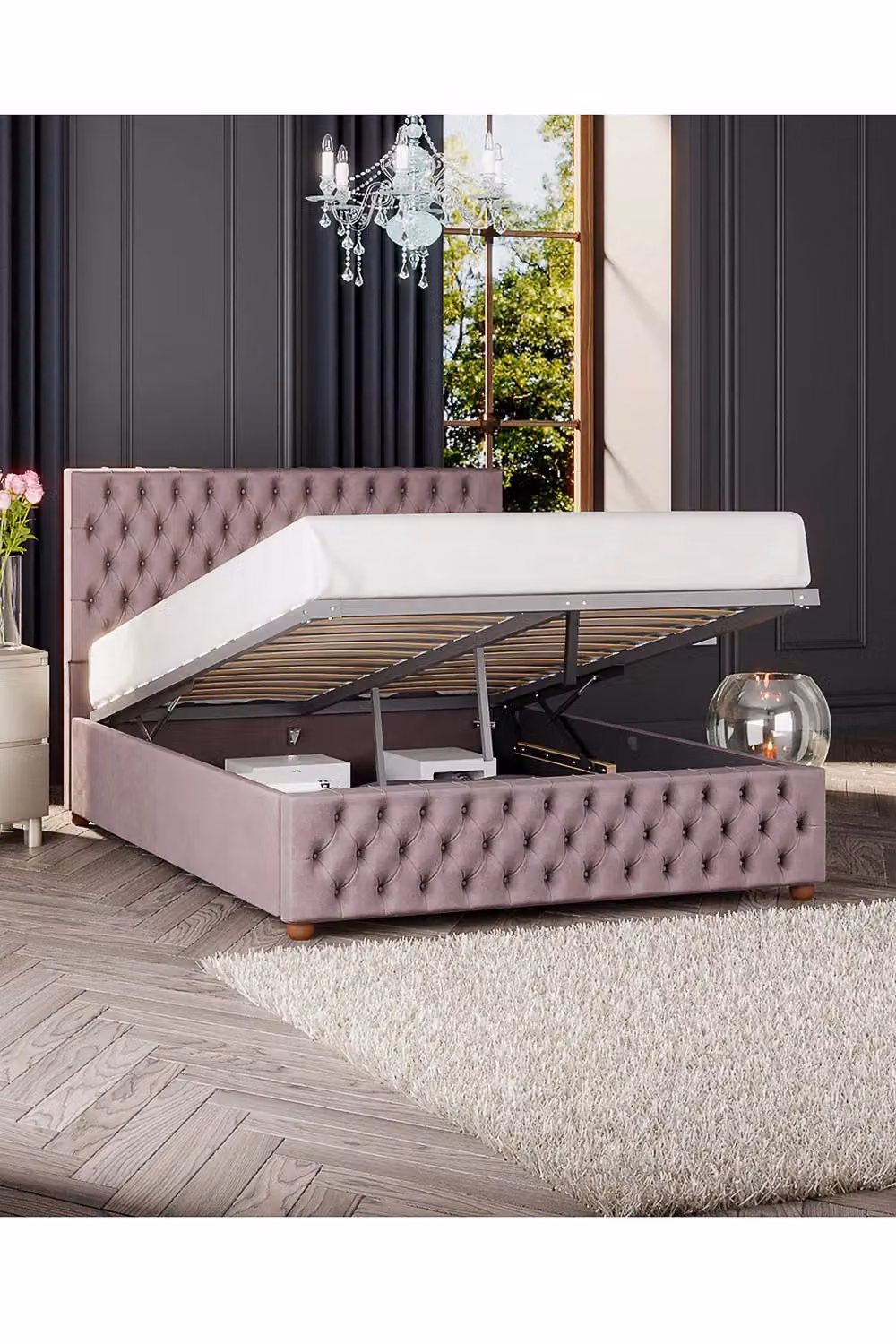 Laurence Llewelyn-Bowen Seren Ottoman Storage Bed in Pink Plush Velvet Fabric, Super King Size (W: 200 cm x D: 200 cm) – 2