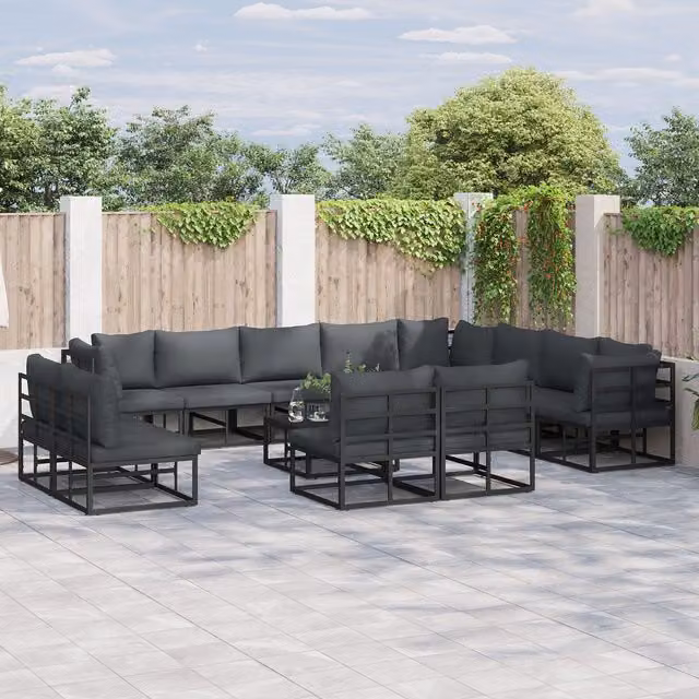 Berkfield Home 13 Piece U-Shape Garden Sofa Set in Black with Powder Coated Aluminium Frame, W/D/H: 70 x 70 x 32 cm