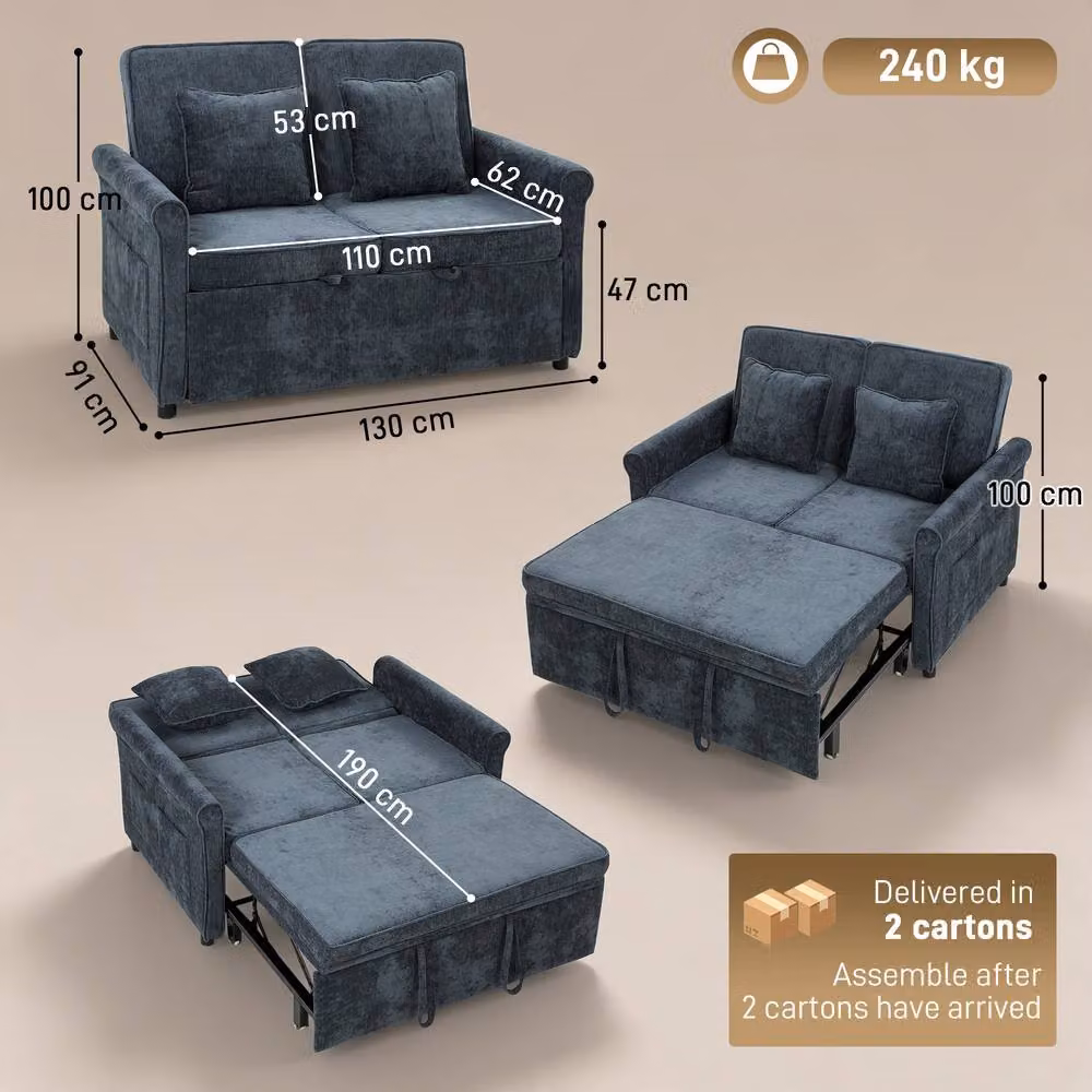 HOMCOM 2 Seater 3-in-1 Convertible Pull Out Sofa Bed in Dark Blue Chenille Fabric – 3