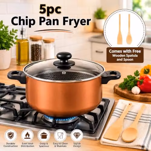 Almineez 5pc Non Stick Chip Pan Set with Frying Basket and Glass Lid, Black or Copper, 24cm, 2l – 2