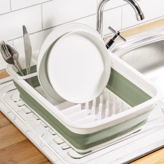 My Home Collapsible Green Plastic Dish Rack with Cutlery Holder