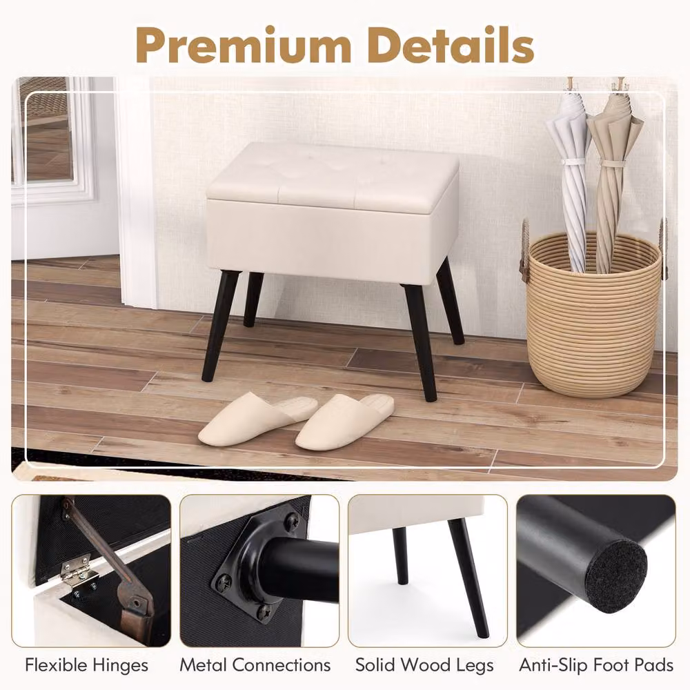 Costway Velvet Flip Top Storage Ottoman Stool with Solid Wood Legs in Beige – 5
