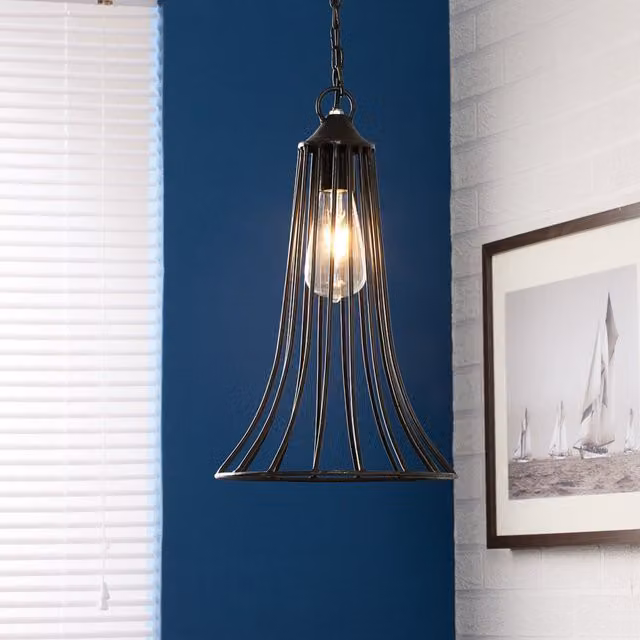 IH Design Iron-Cone Metal Cage Hanging Lamp in Black