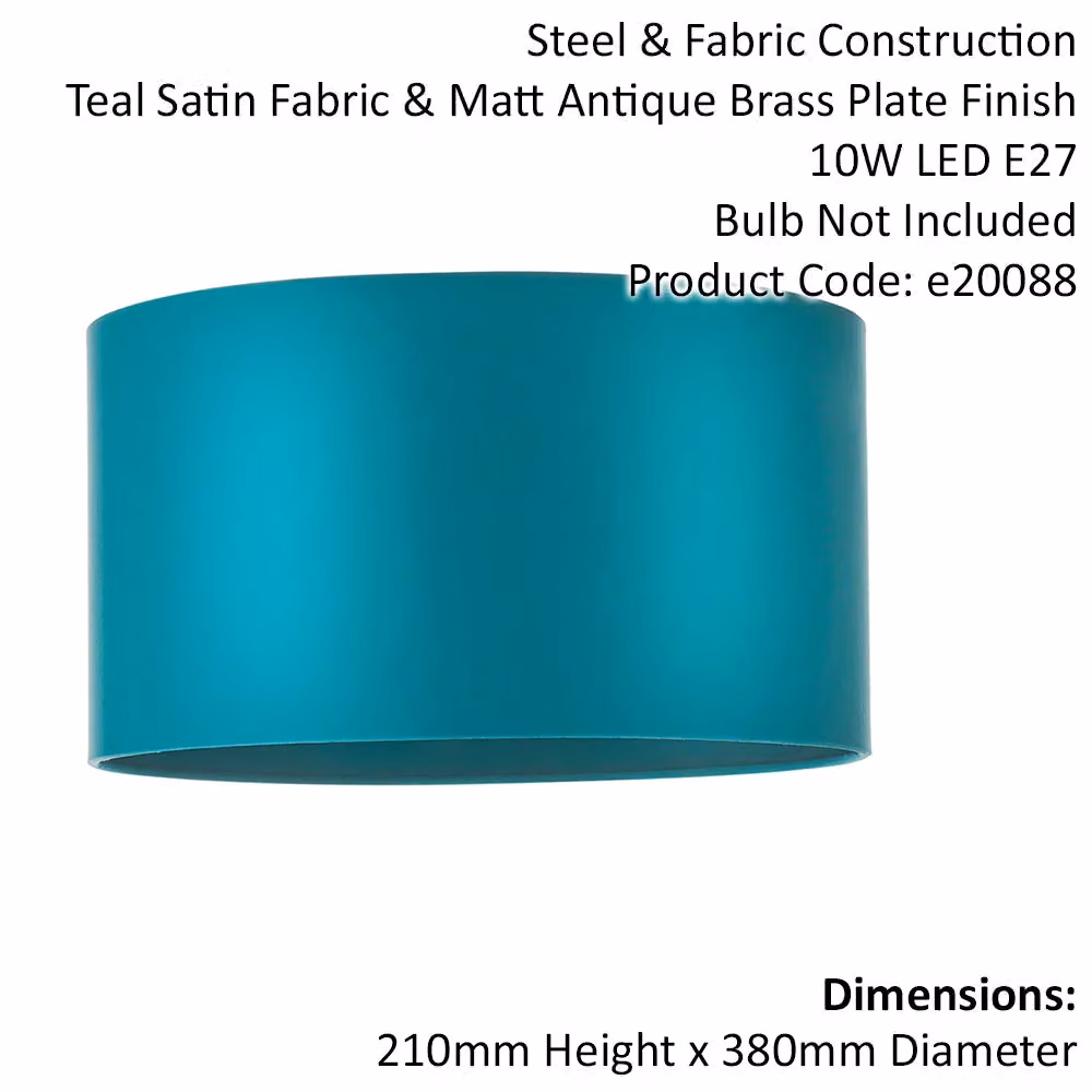 Loops Teal Satin Fabric Cylinder Lamp Shade with Gold/Brass Metal Details, Diameter: 38 cm – 2