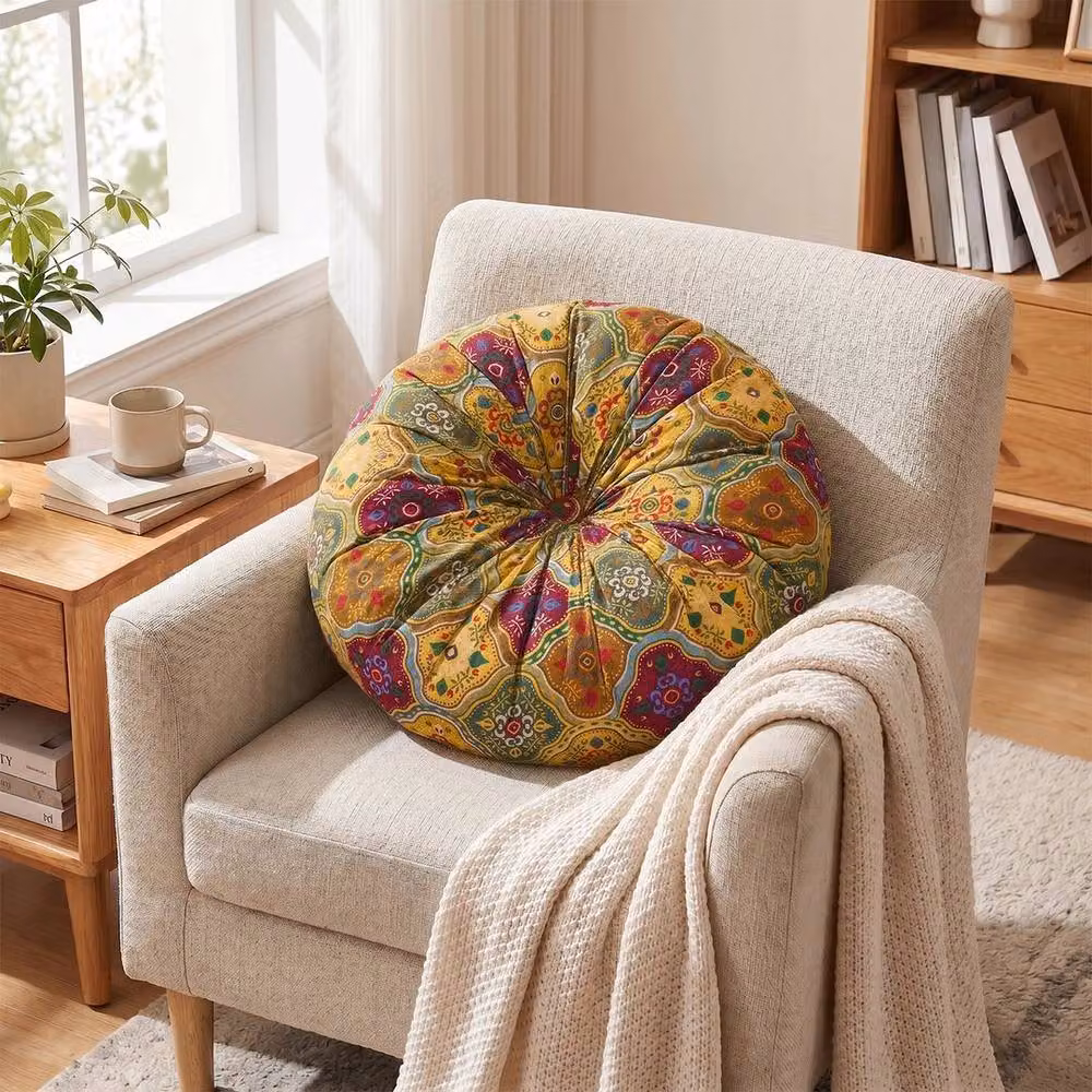 PAWNORA Yellow Round Floor Cushion, Diameter: 50 cm, Thickness: 8 cm – 4
