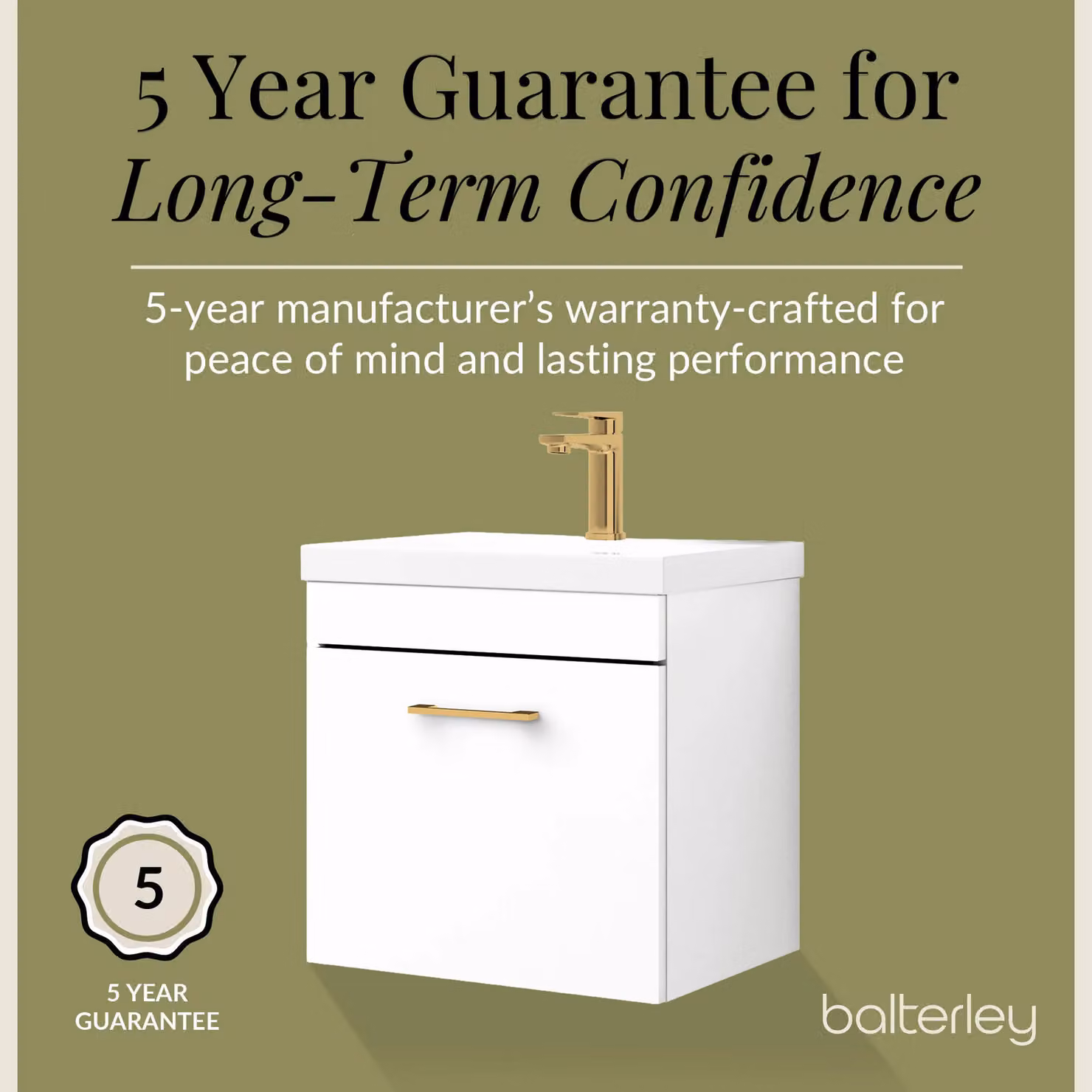 Balterley White Glossy 1 Drawer Wall Hung Vanity Basin Unit with Brushed Brass Handle, Width: 500 mm – 3