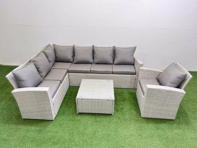 Fimous 7 Seater L-Shape Garden Corner Sofa Set with Coffee Table and Armchairs in Light Grey