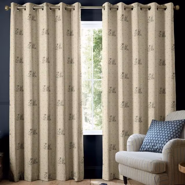 Emily Bond Millie Made to Measure Blackout Cotton Curtain Panel in Indigo Blue and Beige with Eyelets
