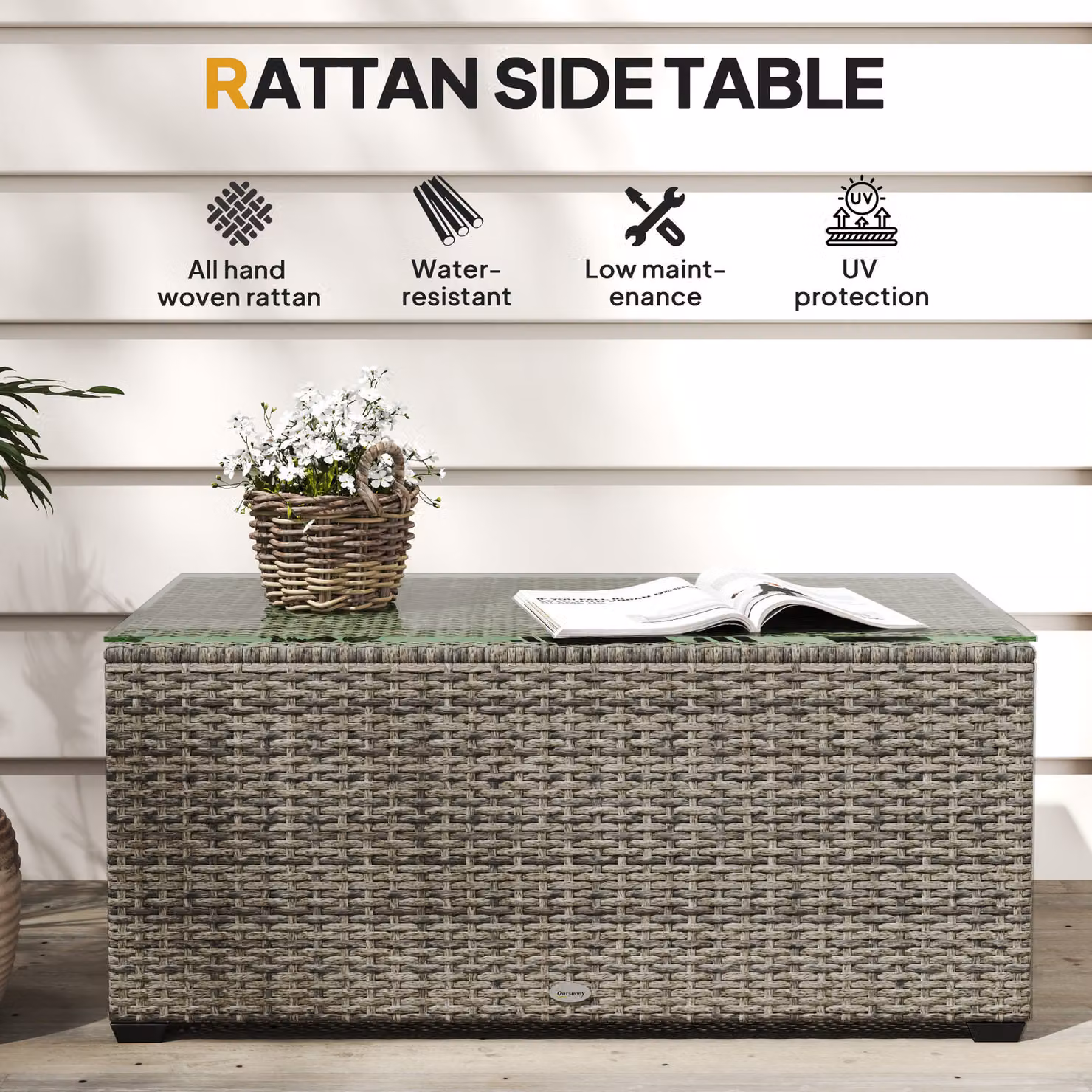 Outsunny Grey Rattan Garden Side Table with Glass Top, W: 90 cm, D: 50 cm, H: 38 cm – 4