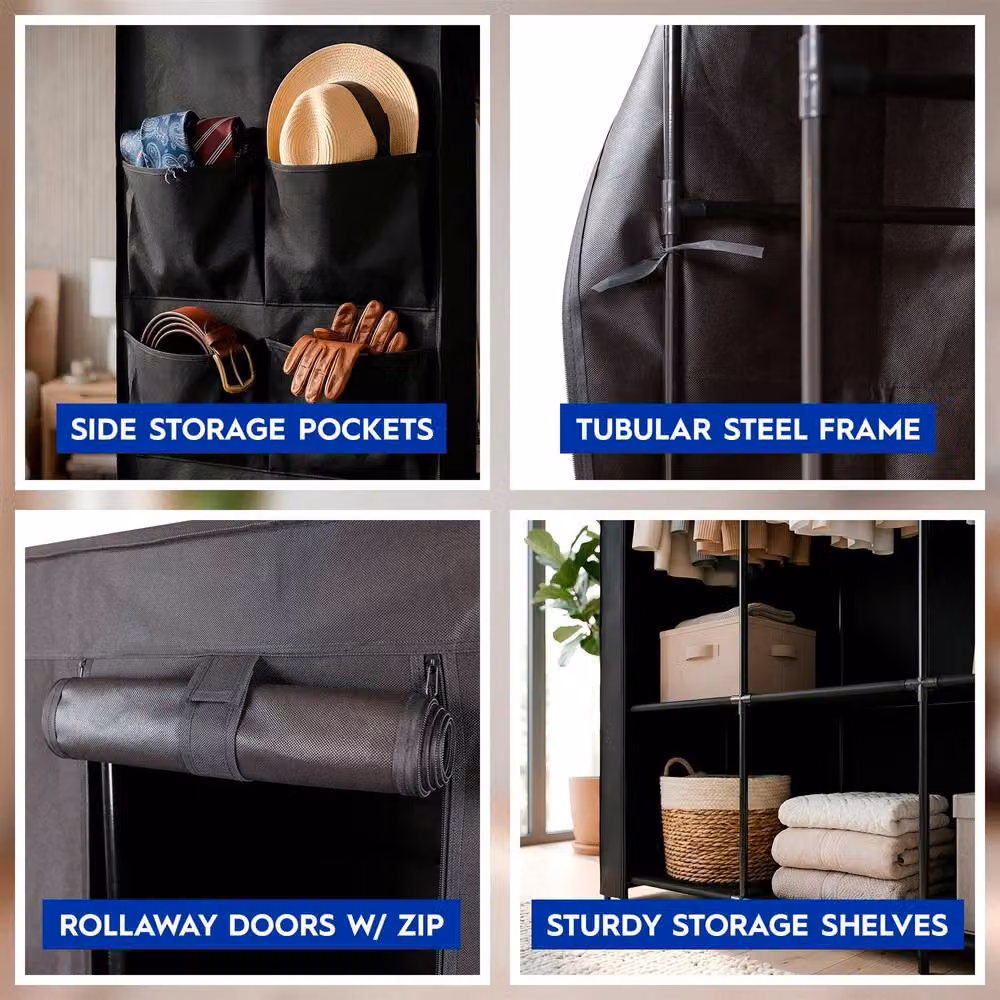 Harbour Housewares Portable Fabric Wardrobe in Black, H x W x D: 167 x 170 x 45 cm – 4
