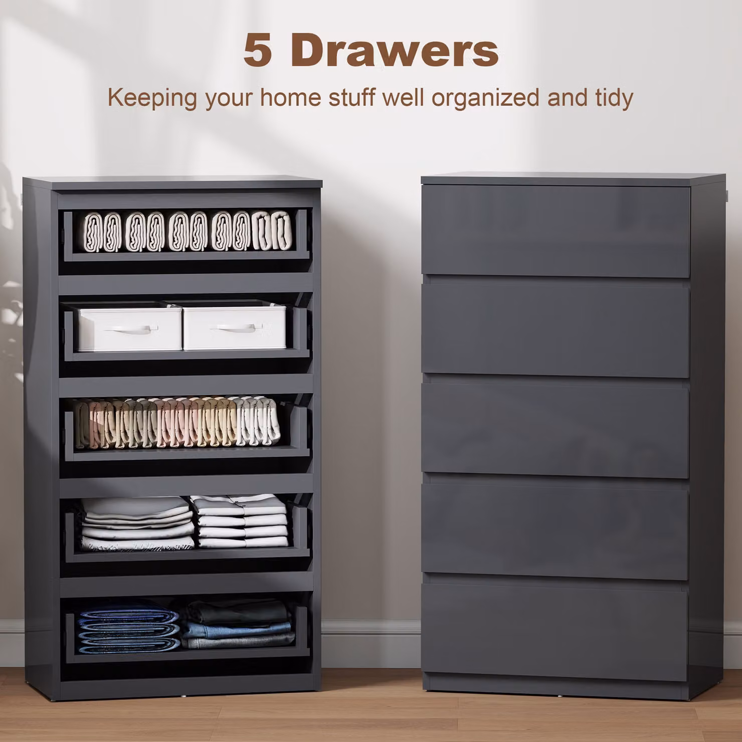 HOMCOM High Gloss 5-Drawer Chest of Drawers in Grey with Soft-Close Drawers – 3