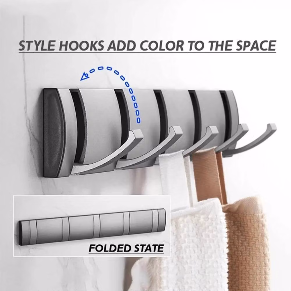 NESTLUNE Silver Metal Wall Mounted Foldable Coat Hooks and Drying Rack with 5 Hooks – 3