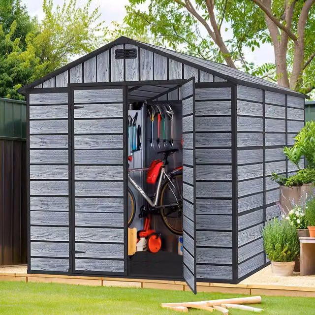 BIRCHTREE Grey Plastic Garden Shed with Wood Grain Effect and Window, W/D/H: 230 x 226.5 x 200 cm