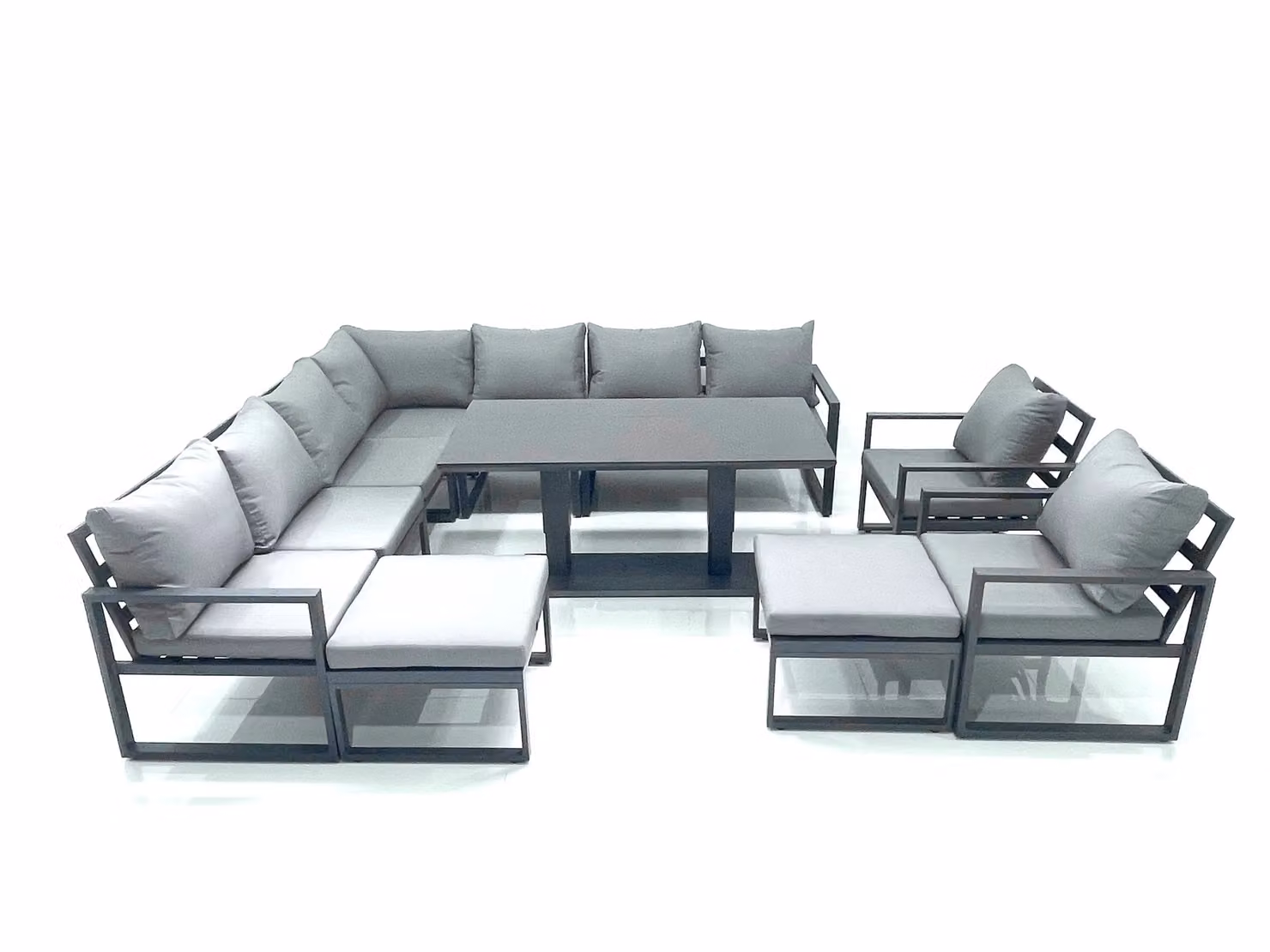 Fimous 11 Seater Outdoor Garden Furniture Set in Dark Grey with Powder Coated Aluminium Frame, Corner Sofa, 2 Chairs, 2 Large Footstools and Height Adjustable Dining Table – 2