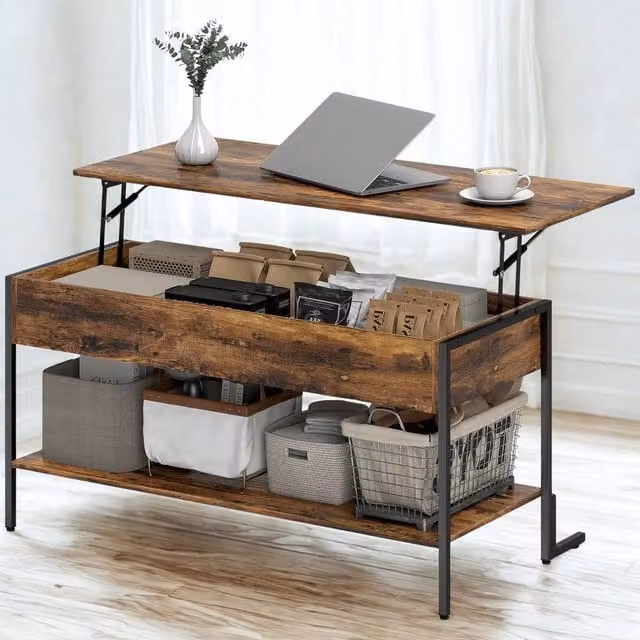 Pirlo Plush Industrial Lift Top Coffee Table with Storage Shelf in Brown and Black, W/D/H: 95 x 46.5 x 40 cm