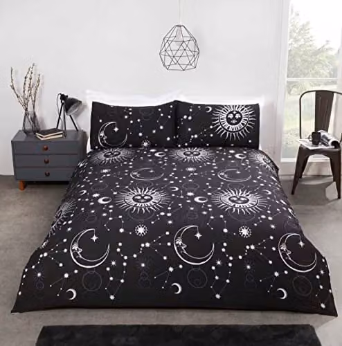 Rapport Home Celestial Stars Reversible Polycotton Duvet Cover and Pillowcase Set in Black, W/D/H: 200 x 200 cm with 50 x 75 cm Pillowcase – 1