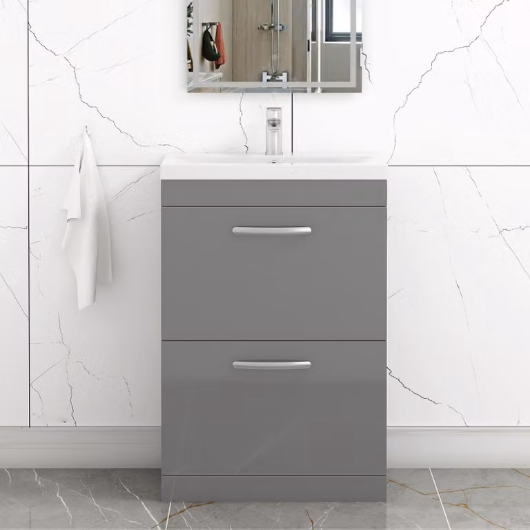Royal Bathrooms Turin 600mm Floor Standing Vanity Unit with 2 Drawers and Optional Basin, Grey Glossy Multicolor