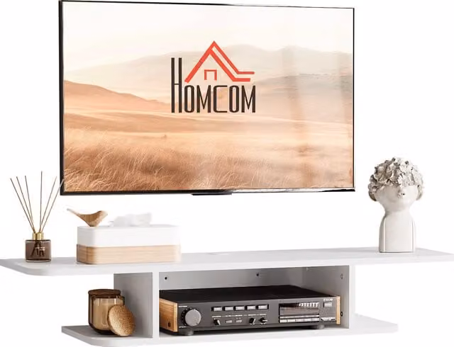 HOMCOM White Glossy Floating TV Unit Stand for TVs up to 40 inch, Wall Mounted Modern Media Console with Storage Shelves – 1