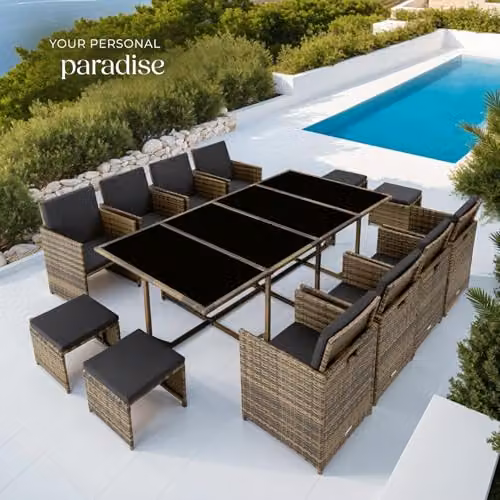 tectake Polyrattan Garden Furniture Set in Nature/Dark Grey, Including 8 Dining Chairs, 1 Table, 4 Stools and Protective Cover for Up to 12 People – 8