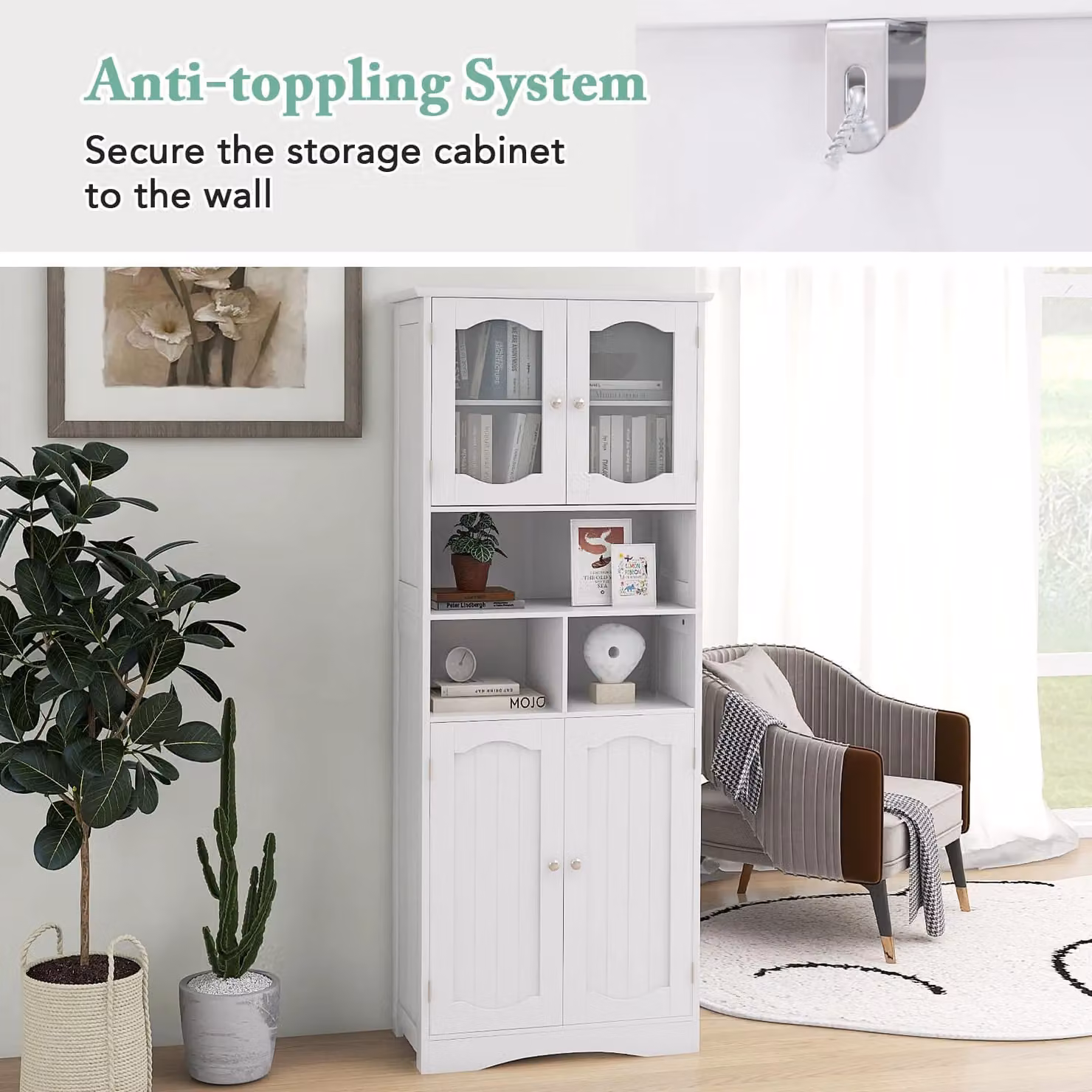 Gymax Freestanding Tall Bathroom Cabinet with Glass Doors and Adjustable Shelves in White – 4