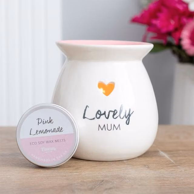 Gloriously Good Heart Shaped Ceramic Wax Melt Burner Gift Set in White and Pink with Fruity Scent and Tealight